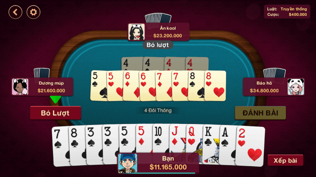 Người chơi có thể đánh Tiến Lên Miền Nam 32Win 4 tay với người chơi khác